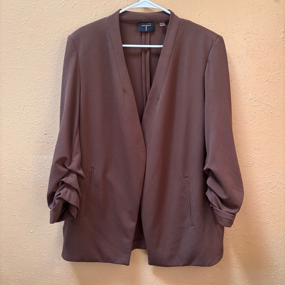 Tahari Womens Brown Ruched 3/4 Sleeve Open Front Blazer Jacket Size XL